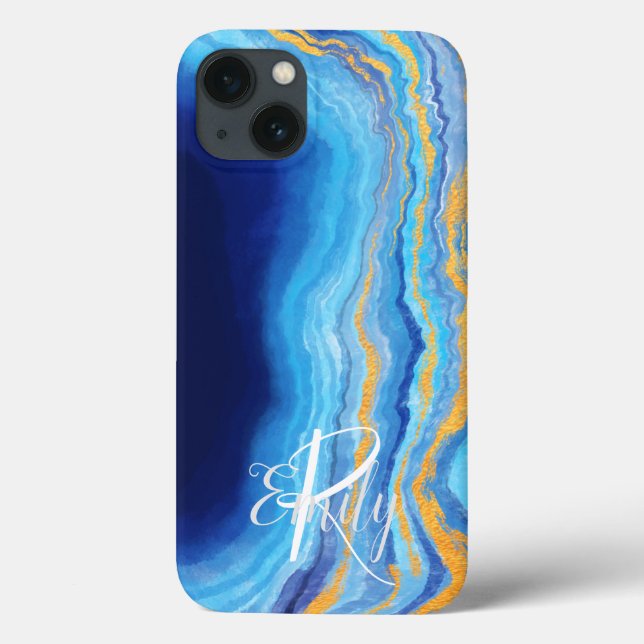 Teal & blue Agate Marble Abstrakt Namn Monogram (Baksida)
