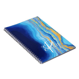 Teal & blue Agate Marble Abstrakt Namn Monogram Anteckningsbok