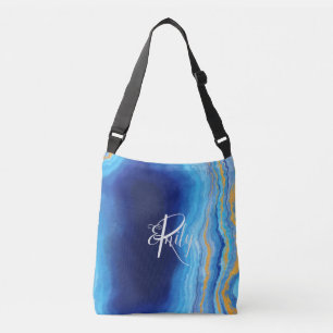 Teal & blue Agate Marble Abstrakt Namn Monogram Axelväska