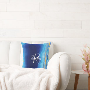 Teal & blue Agate Marble Abstrakt Namn Monogram Kudde