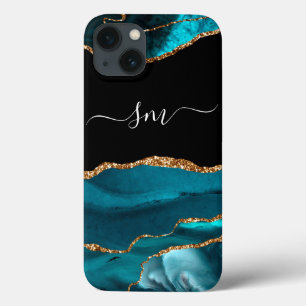 Teal Blue Agate Monogram Script Stone Guld Black
