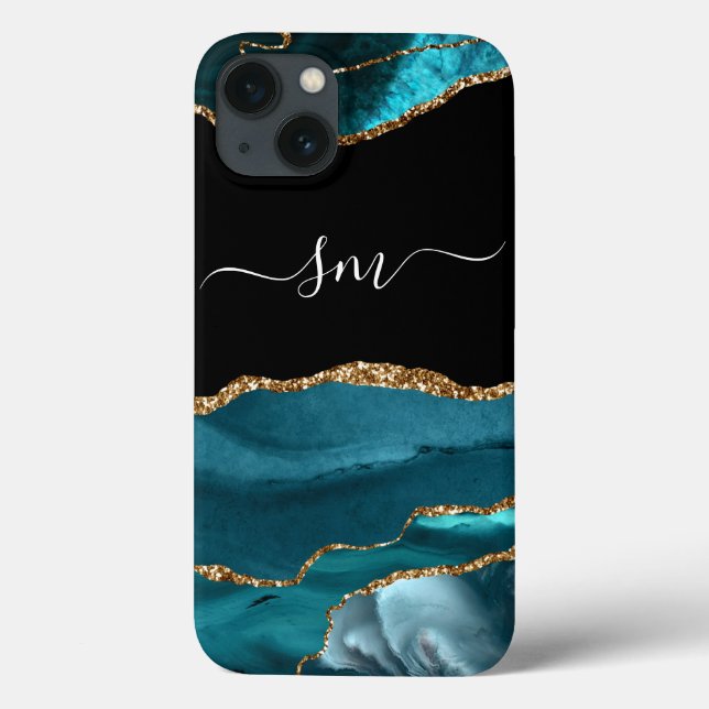 Teal Blue Agate Monogram Script Stone Guld Black (Baksida)