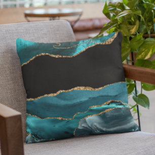 Teal Blue Agate Stone Black Gold Foil-utseende Kudde
