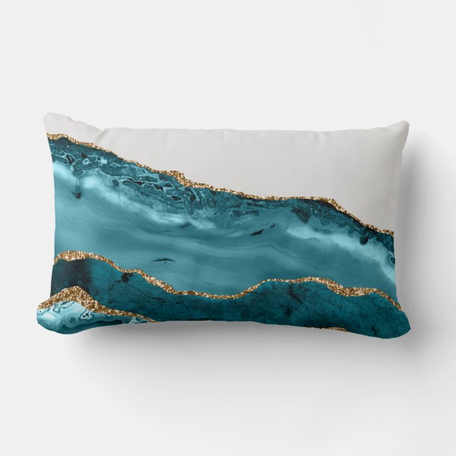 Teal Blue Agate Stone Gold Foil-utseende Lumbarkudde (Framsida)