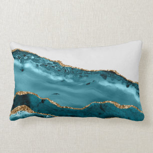Teal Blue Agate Stone Gold Foil-utseende Lumbarkudde