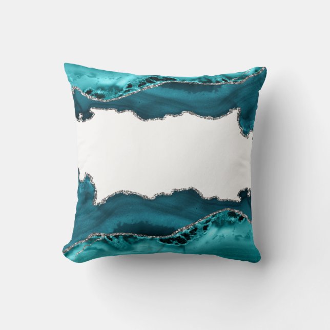 Teal Blue Agate Stone Silver Kudde (Framsida)