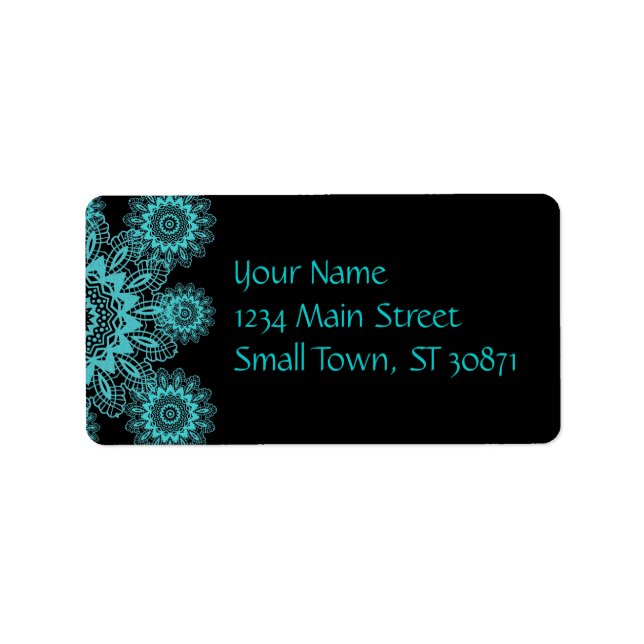 Teal Blue and Black Doily Snöre Snowflake Mandala Adressetikett (Framsidan)