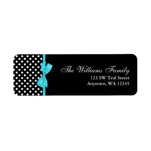 Teal Blue and Black Polka Dot Bow Returadress Etikett (Framsidan)