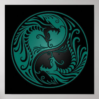 Teal Blue and Black Yin Yang Dragons Poster