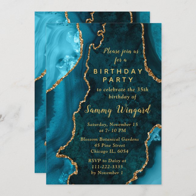 Teal Blue and Gold Agate Marble Birthday Party Inbjudningar (Fram/baksida)