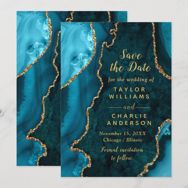 Teal Blue and Gold Agate Marble Save The Date Inbjudningar (Fram/baksida)