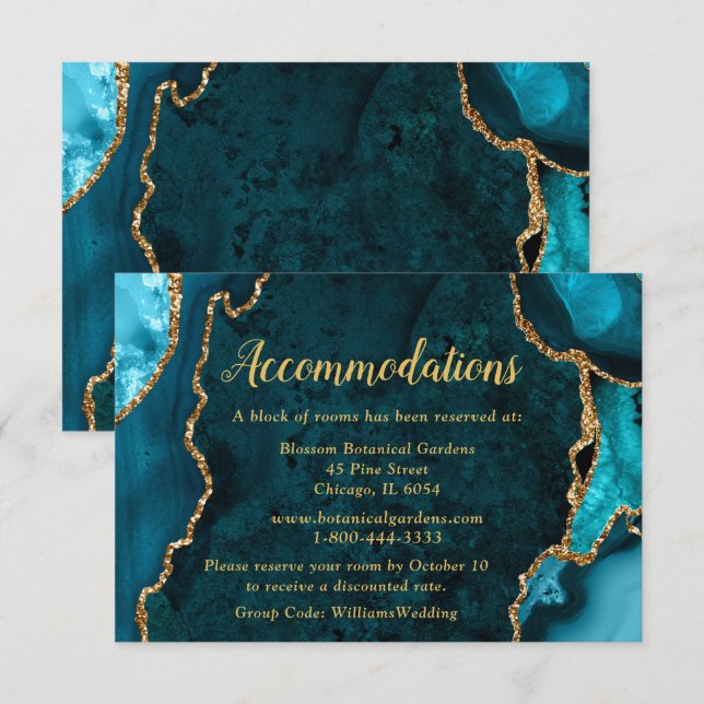 Teal Blue and Gold Agate Wedding Accommodations Tilläggskort (Fram/baksida)
