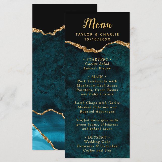 Teal Blue and Gold Agate Wedding Menu Meny (Fram/baksida)