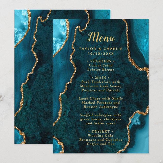Teal Blue and Gold Agate Wedding Menu Meny (Fram/baksida)