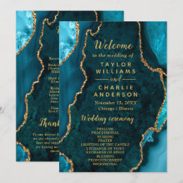 Teal Blue and Gold Agate Wedding Program