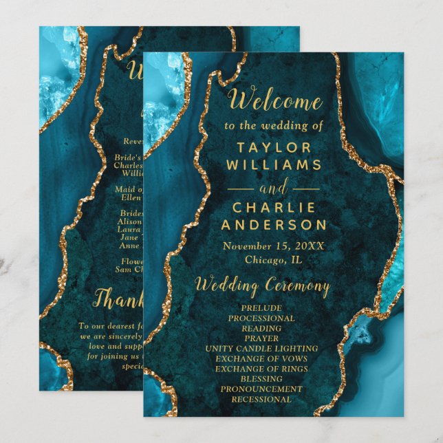 Teal Blue and Gold Agate Wedding Program (Fram/baksida)