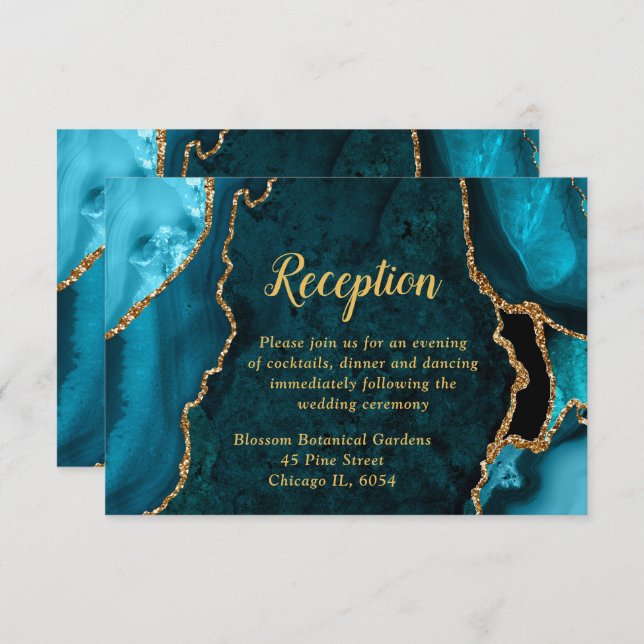 Teal Blue and Gold Agate Wedding Reception Tilläggskort (Fram/baksida)