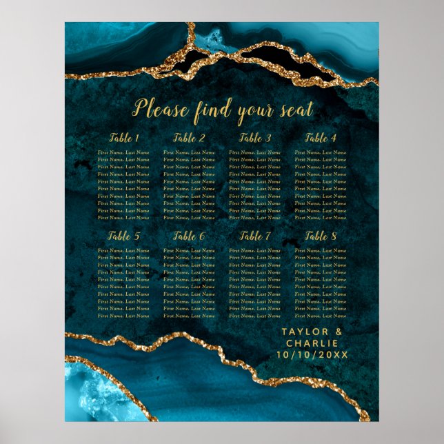 Teal Blue and Gold Agate Wedding Seating Chart Poster (Framsidan)