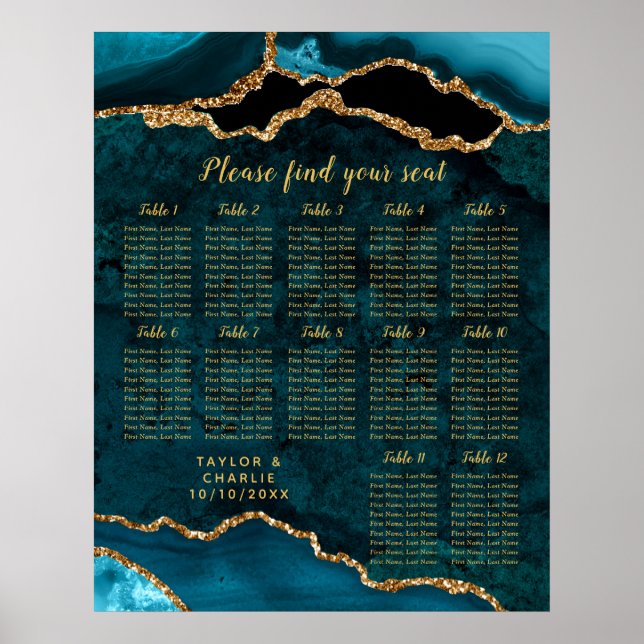 Teal Blue and Gold Agate Wedding Seating Chart Poster (Framsidan)