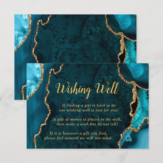Teal Blue and Gold Agate Wedding Wishing Well Tilläggskort (Fram/baksida)