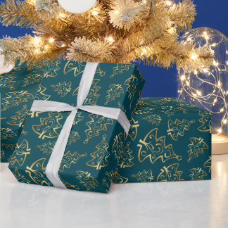 Teal Blue and Gold Elegant Christmas Trees Presentpapper