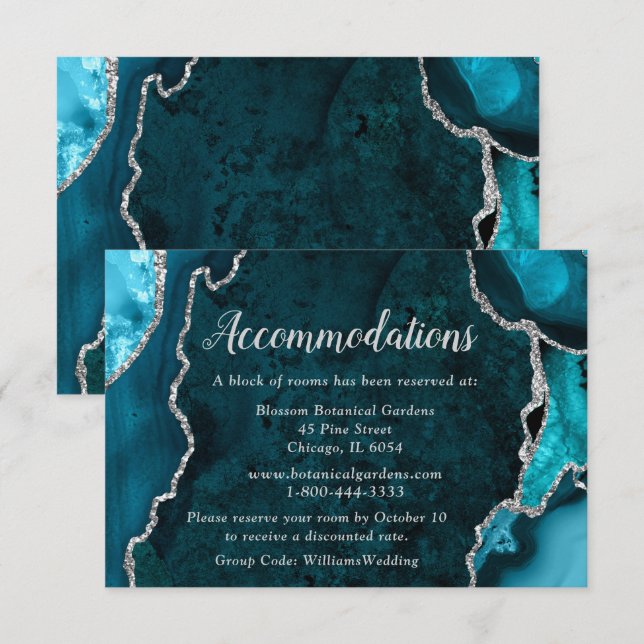 Teal Blue and Silver Agate Wedding Accommodations Tilläggskort (Fram/baksida)