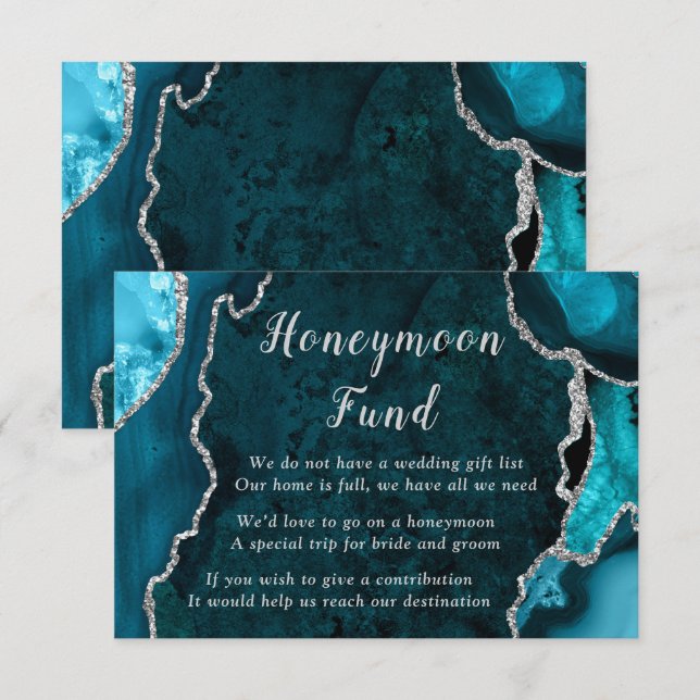 Teal Blue and Silver Agate Wedding Honeymoon Fund Tilläggskort (Fram/baksida)