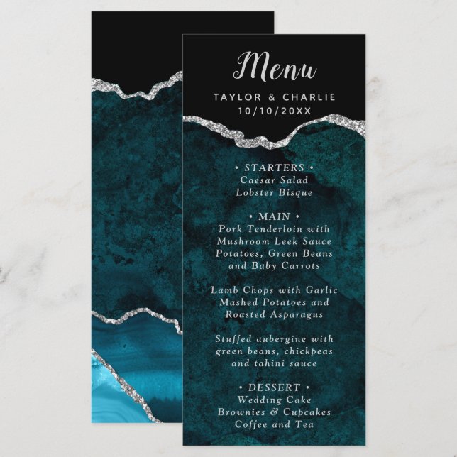 Teal Blue and Silver Agate Wedding Menu Meny (Fram/baksida)