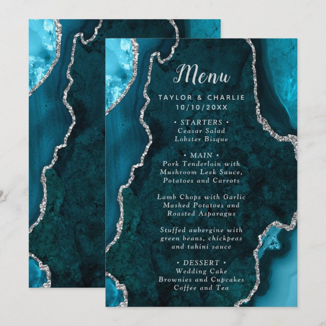 Teal Blue and Silver Agate Wedding Menu Meny (Fram/baksida)