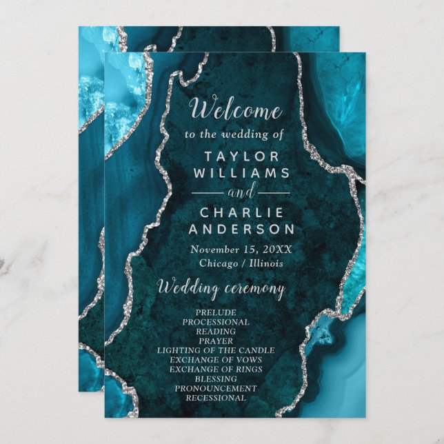 Teal Blue and Silver Agate Wedding Program (Fram/baksida)