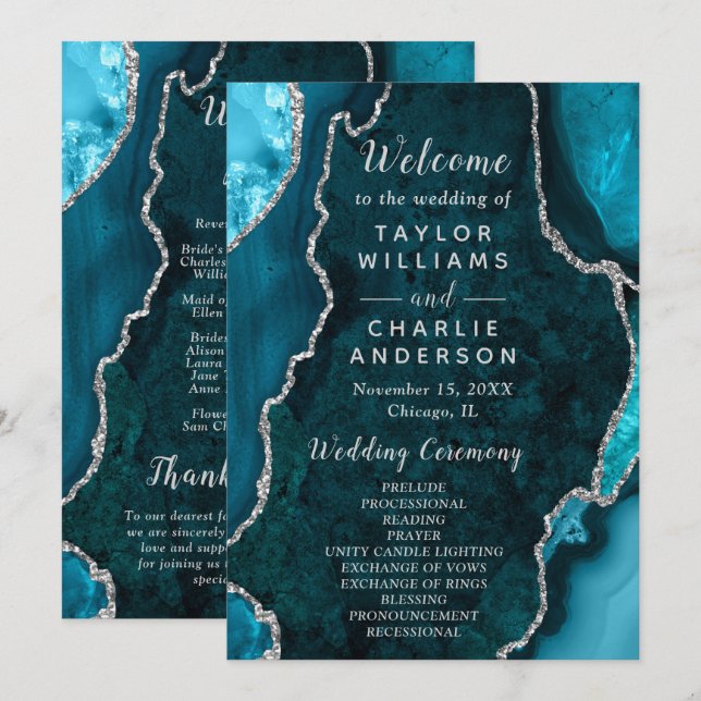 Teal Blue and Silver Agate Wedding Program (Fram/baksida)