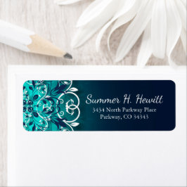 Teal, Blue and White Blommigt Swirls Mandala Returadress Etikett