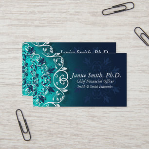 Teal, Blue and White Blommigt Swirls Mandala Visitkort