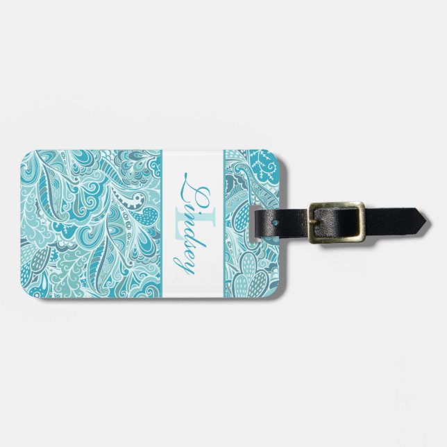 Teal Blue and White Paisley Monogrammed Luggage T Bagagebricka (Horisontell Framsida)