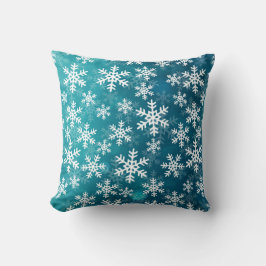 Teal Blue and White Snöflingor Kudde