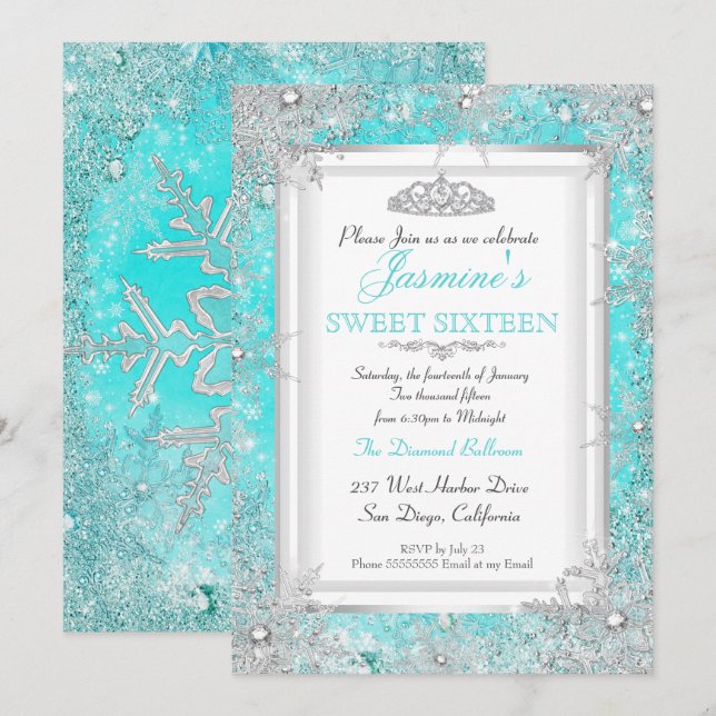 Teal Blue Aqua Silver Winter Wonderland Sweet 16 Inbjudningar (Fram/baksida)