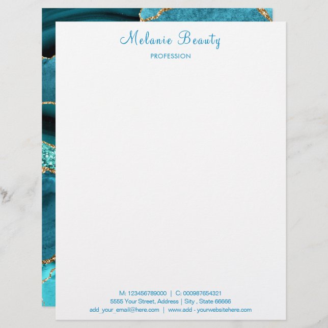 Teal Blue Aqua Tirocise Your Text Info Letterhead Brevhuvud (Fram/baksida)