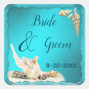 Teal Blue Aqua Turcos Seashell Beach Wedding Fyrkantigt Klistermärke