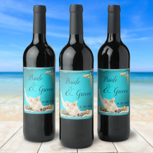 Teal Blue Aqua Turcos Seashell Beach Wedding Vinflaska Etikett