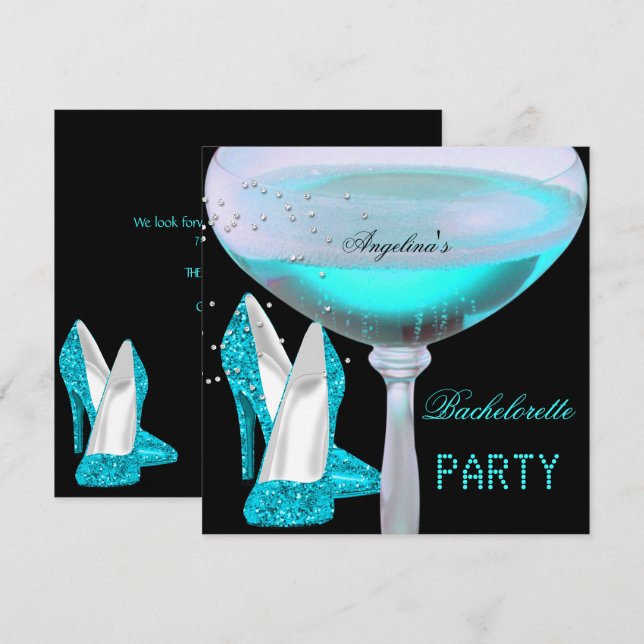 Teal Blue Bachelorette Party Champagne Shoes Inbjudningar (Fram/baksida)