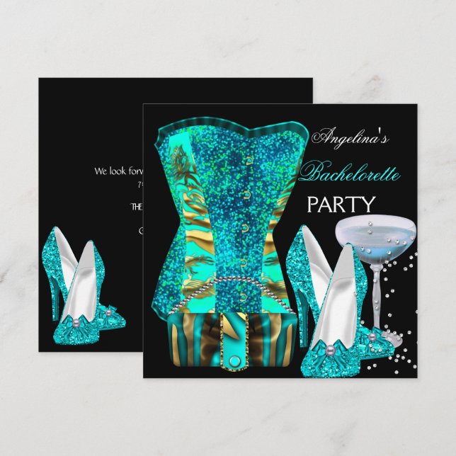 Teal Blue Bachelorette Party Shoset Corset Inbjudningar (Fram/baksida)