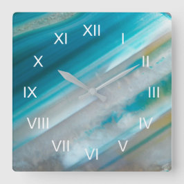 Teal Blue Banded Agate med romerska siffror Fyrkantig Klocka