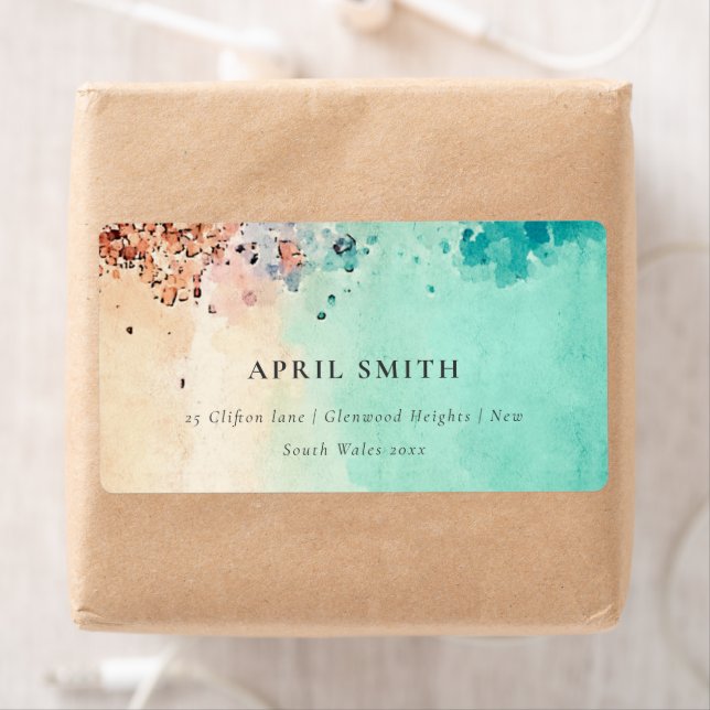 TEAL BLUE BEACH SAND STEN WTERCOLOR ADRESS FRAKTSEDEL (Insitu)