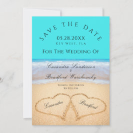 Teal Blue Beach Wedding 2 Hearts i Sand Inbjudningar