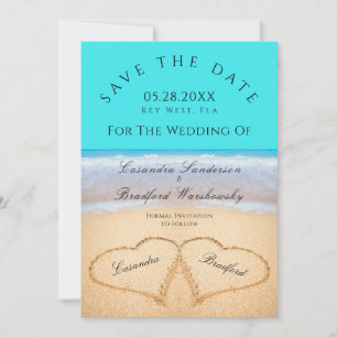 Teal Blue Beach Wedding 2 Hearts i Sand Inbjudningar