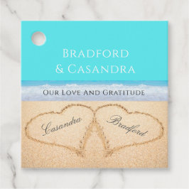 Teal Blue Beach Wedding 2 Hearts i Sand Napk Gåvor Etiketter
