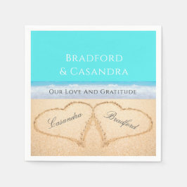 Teal Blue Beach Wedding 2 Hearts i Sand Pappersservett