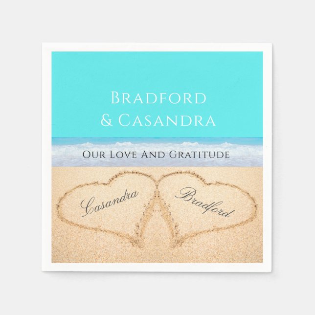 Teal Blue Beach Wedding 2 Hearts i Sand Pappersservett (Framsidan)