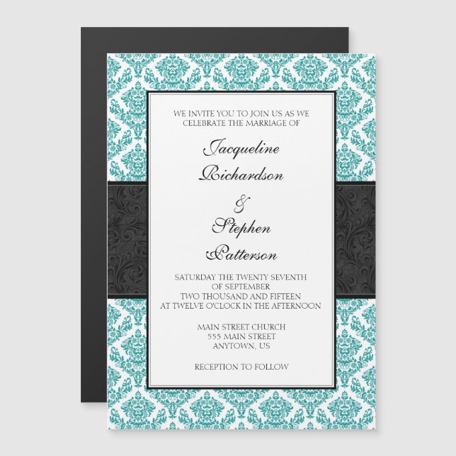 Teal Blue Black Damask Magnetic Bröllopsinbjudans Magnetisk Inbjudningskort (Fram/baksida)