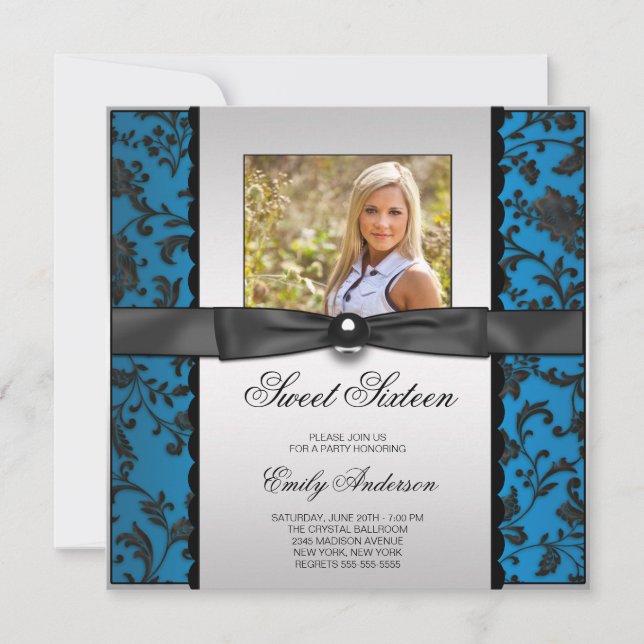 Teal Blue Black Damask Photo Sweet 16 Party Inbjudningar (Framsida)